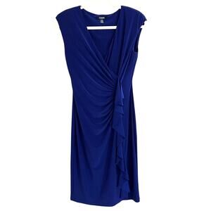 Chaps Blue Stretch Sheath Faux Wrap Dress with Ruched Draping Ruffle Size S
